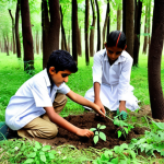 **A group of Pakistani children planting saplings in a lush green forest, guided by their teacher. The scene showcases a hands-on learning experience about environmental conservation and the importance of trees in Urdu culture.**