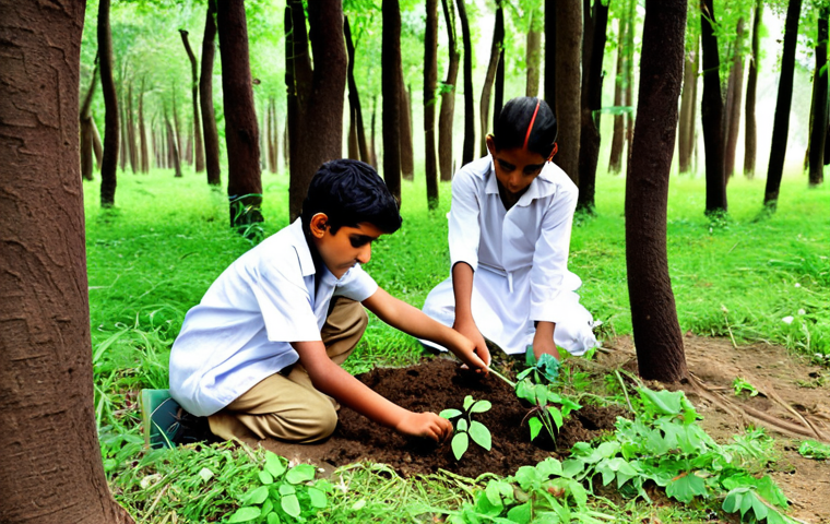 **A group of Pakistani children planting saplings in a lush green forest, guided by their teacher. The scene showcases a hands-on learning experience about environmental conservation and the importance of trees in Urdu culture.**
