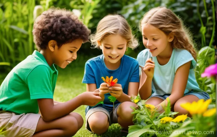 숲에서 배우는 과학 교육 - A group of diverse children, aged 7-10, happily exploring a lush, sun-dappled garden. One child is k...