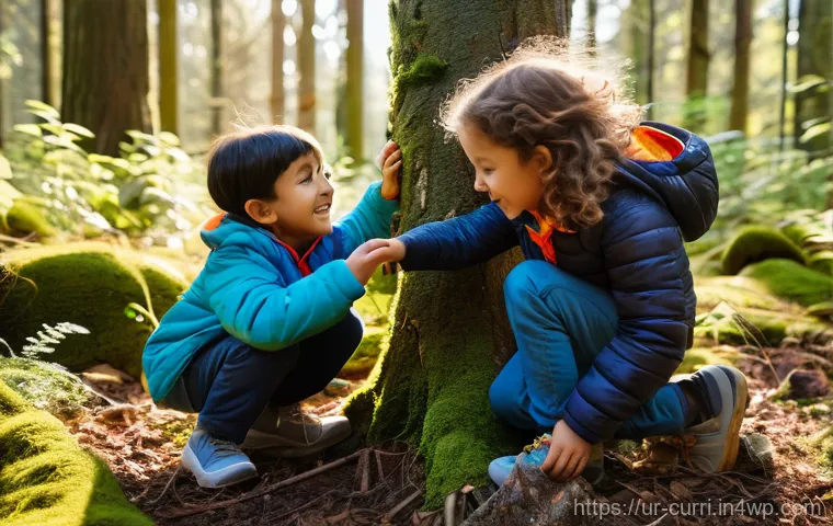 숲에서 배우는 과학 교육 - Two children, a boy and a girl aged around 8-9, engaged in an educational activity in a serene park....