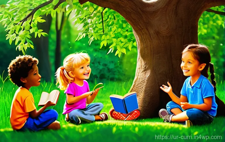 숲교육을 위한 연령별 프로그램 - 5 to 2 years old, happily sitting on a clean, soft patch of green grass in a sunlit forest. The todd...