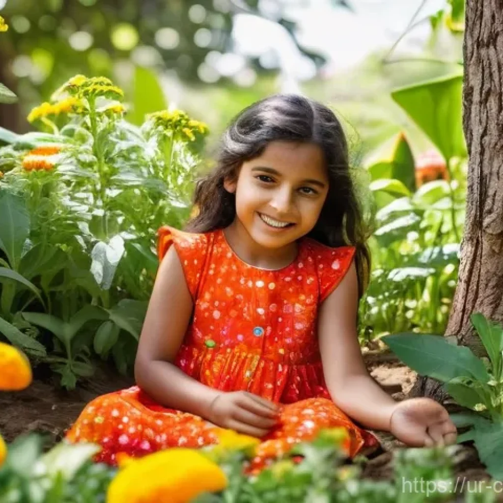 숲교육과 식물학습 - **Prompt:** A joyful 7-year-old South Asian girl, wearing a modest, brightly colored cotton dress an...