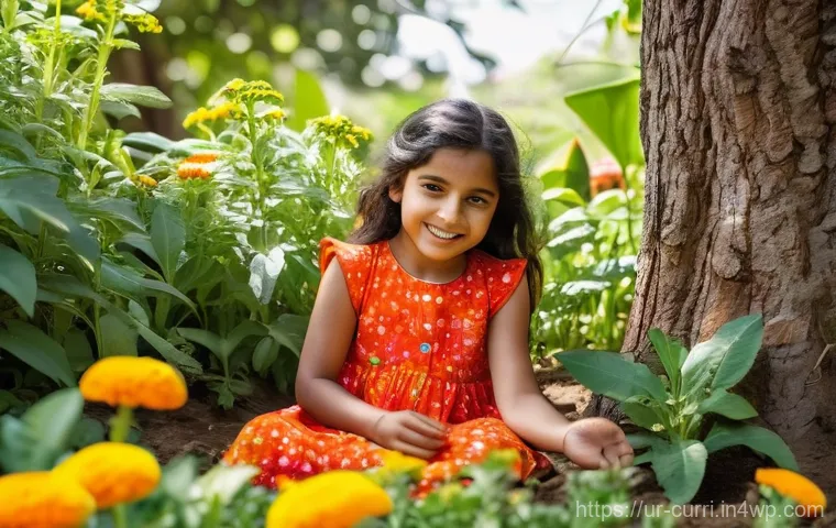 숲교육과 식물학습 - **Prompt:** A joyful 7-year-old South Asian girl, wearing a modest, brightly colored cotton dress an...