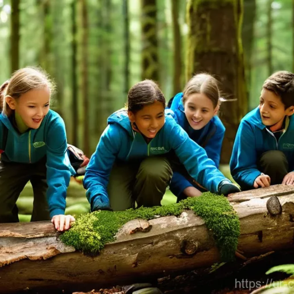 숲교육에서의 팀워크 개발 - **Prompt 1: Forest Teamwork Challenge**
"A group of diverse children, aged 8-12, are collaborati...