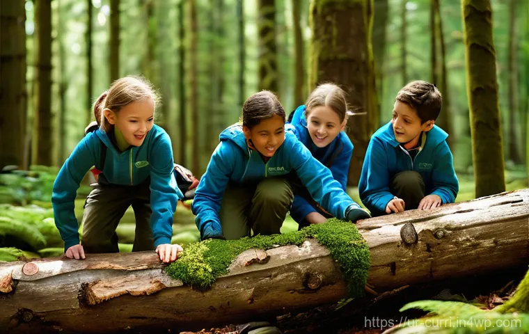 숲교육에서의 팀워크 개발 - **Prompt 1: Forest Teamwork Challenge**
"A group of diverse children, aged 8-12, are collaborati...