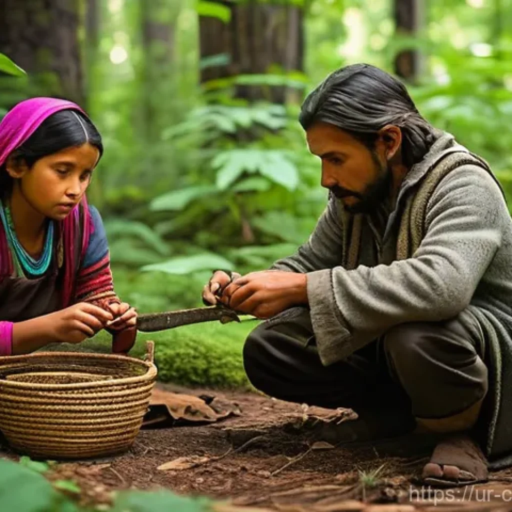 숲교육에서의 역사적 탐구 - **Ancient Forest Dweller's Daily Life**
A vibrant, cinematic scene depicting an ancient human fa...
