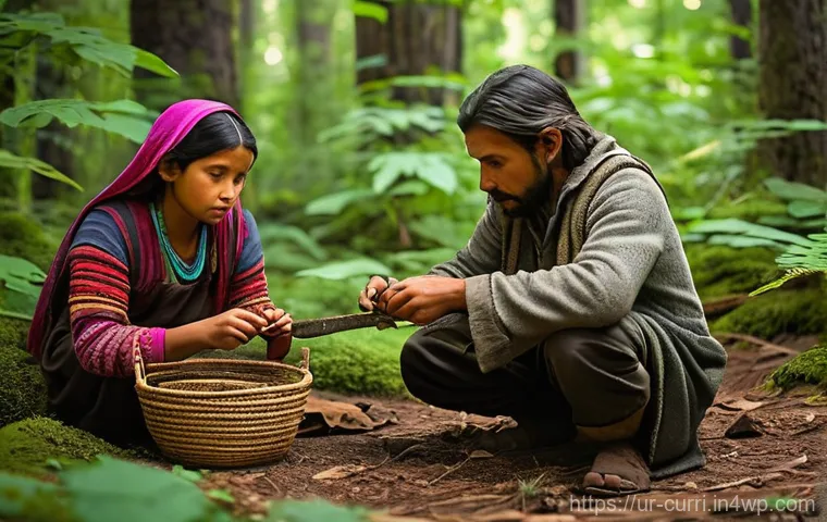 숲교육에서의 역사적 탐구 - **Ancient Forest Dweller's Daily Life**
A vibrant, cinematic scene depicting an ancient human fa...