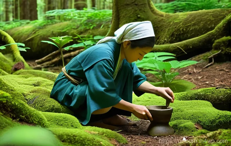숲교육에서의 역사적 탐구 - **Ancient Forest Dweller's Daily Life**
    A vibrant, cinematic scene depicting an ancient human fa...