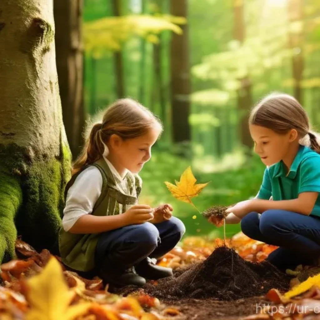 숲교육 커리큘럼의 주요 요소 - **Prompt:** A diverse group of cheerful children, aged 6-10, are exploring a lush, vibrant forest on...