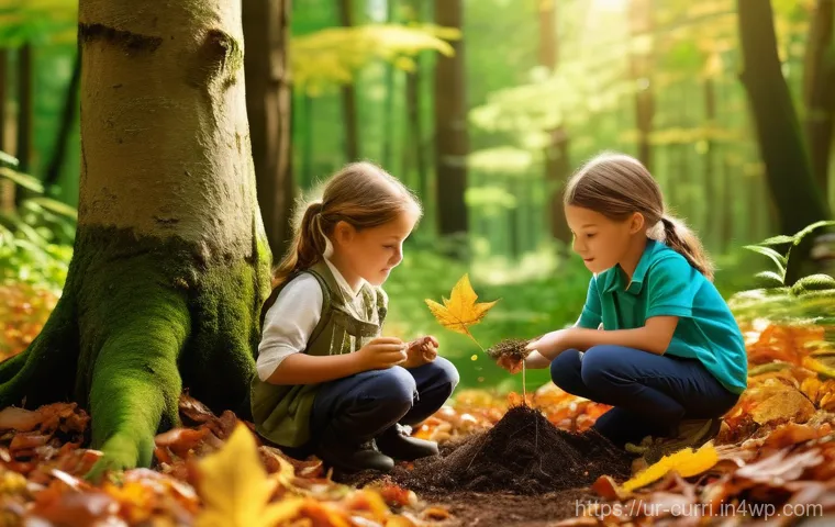 숲교육 커리큘럼의 주요 요소 - **Prompt:** A diverse group of cheerful children, aged 6-10, are exploring a lush, vibrant forest on...