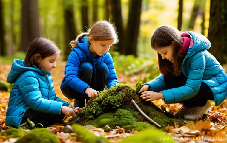 숲교육 커리큘럼의 주요 요소 - **Prompt:** A diverse group of cheerful children, aged 6-10, are exploring a lush, vibrant forest on...