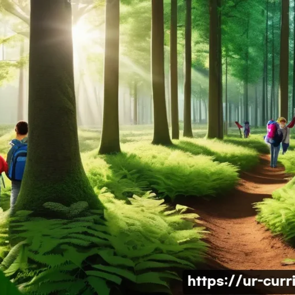 숲교육과 해양 교육의 차이점 - A vibrant forest scene illustrating environmental education for children, featuring a diverse group ...