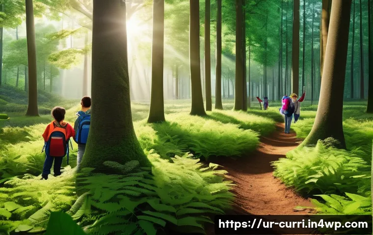 숲교육과 해양 교육의 차이점 - A vibrant forest scene illustrating environmental education for children, featuring a diverse group ...