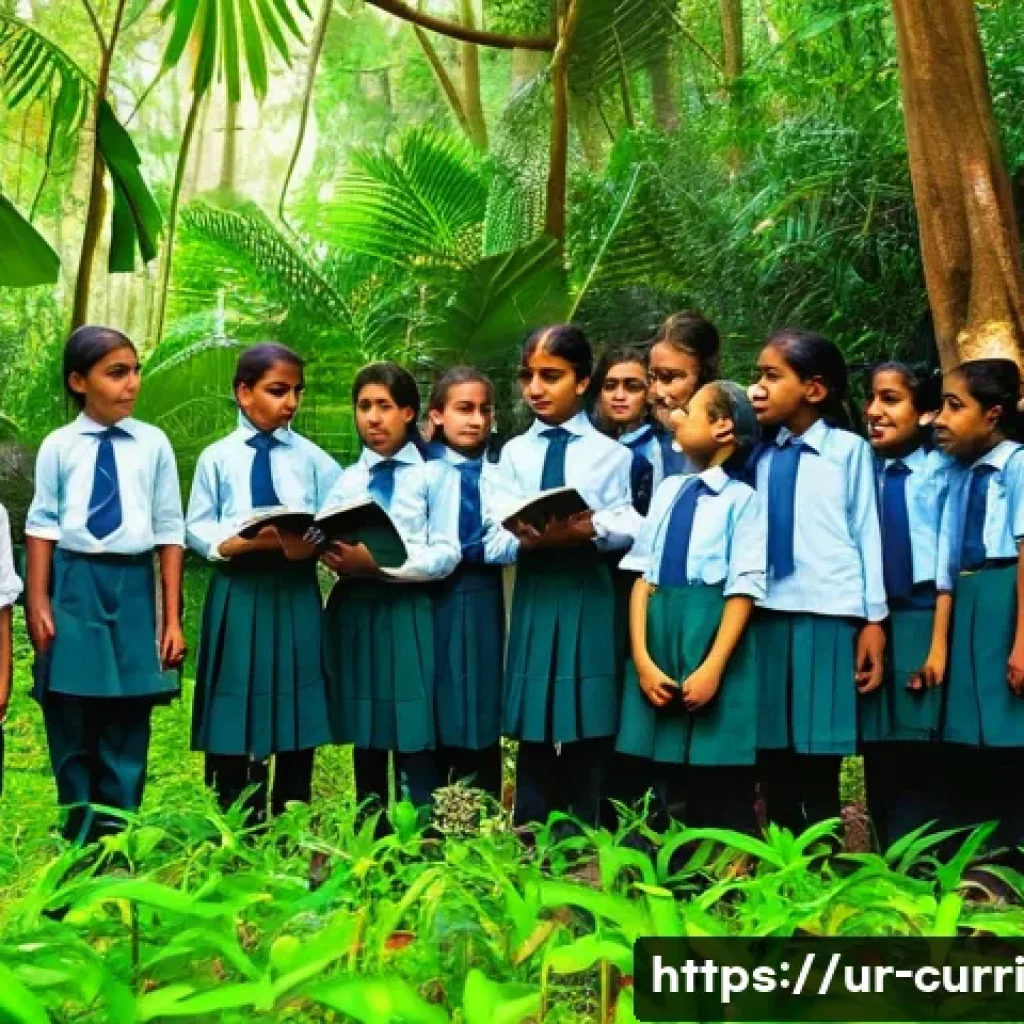숲교육 커리큘럼을 위한 파트너십 구축 - A vibrant scene of a diverse group of school children wearing modest school uniforms, engaged in an ...