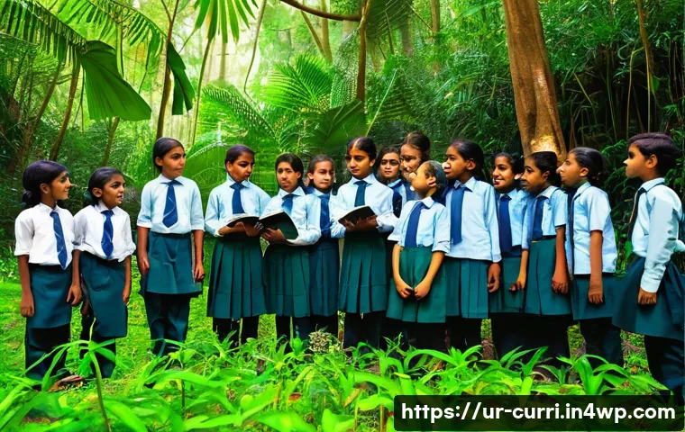 숲교육 커리큘럼을 위한 파트너십 구축 - A vibrant scene of a diverse group of school children wearing modest school uniforms, engaged in an ...