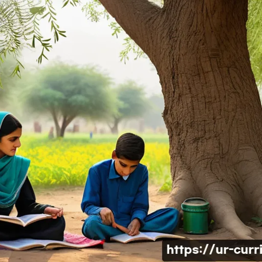 숲교육 커리큘럼의 적용 사례 - A vibrant outdoor classroom scene in a lush green forest near a rural Pakistani village, showing a d...