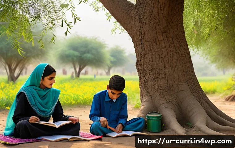 숲교육 커리큘럼의 적용 사례 - A vibrant outdoor classroom scene in a lush green forest near a rural Pakistani village, showing a d...
