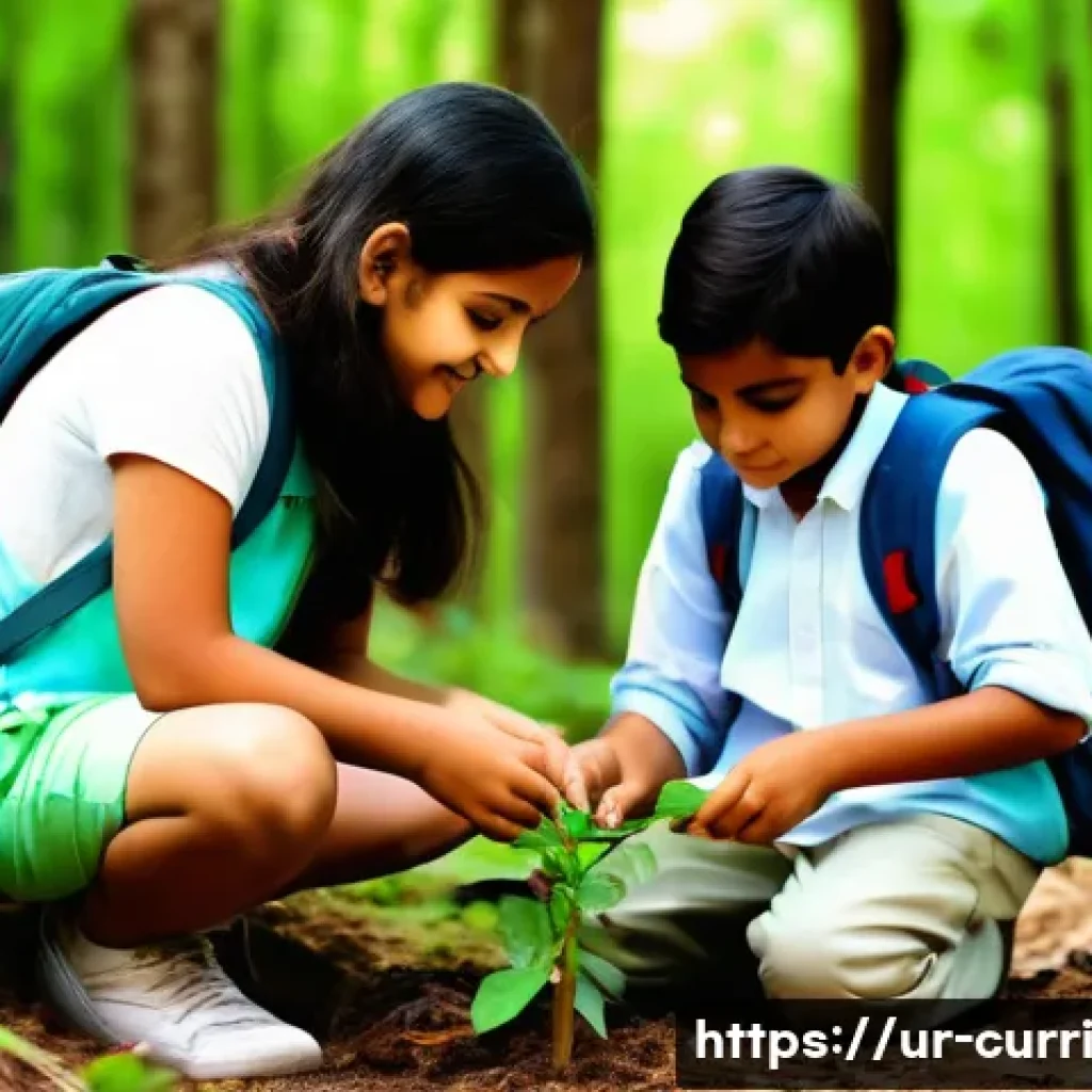 실외 활동 중심의 숲교육 커리큘럼 - A group of diverse Urdu-speaking children wearing casual outdoor clothing and light backpacks, explo...