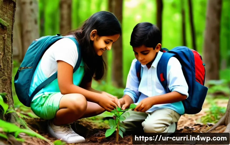 실외 활동 중심의 숲교육 커리큘럼 - A group of diverse Urdu-speaking children wearing casual outdoor clothing and light backpacks, explo...