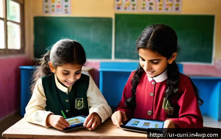 숲교육 커리큘럼의 혁신적 접근 - A vibrant classroom scene in a Pakistani school where Urdu-speaking children, wearing modest school ...