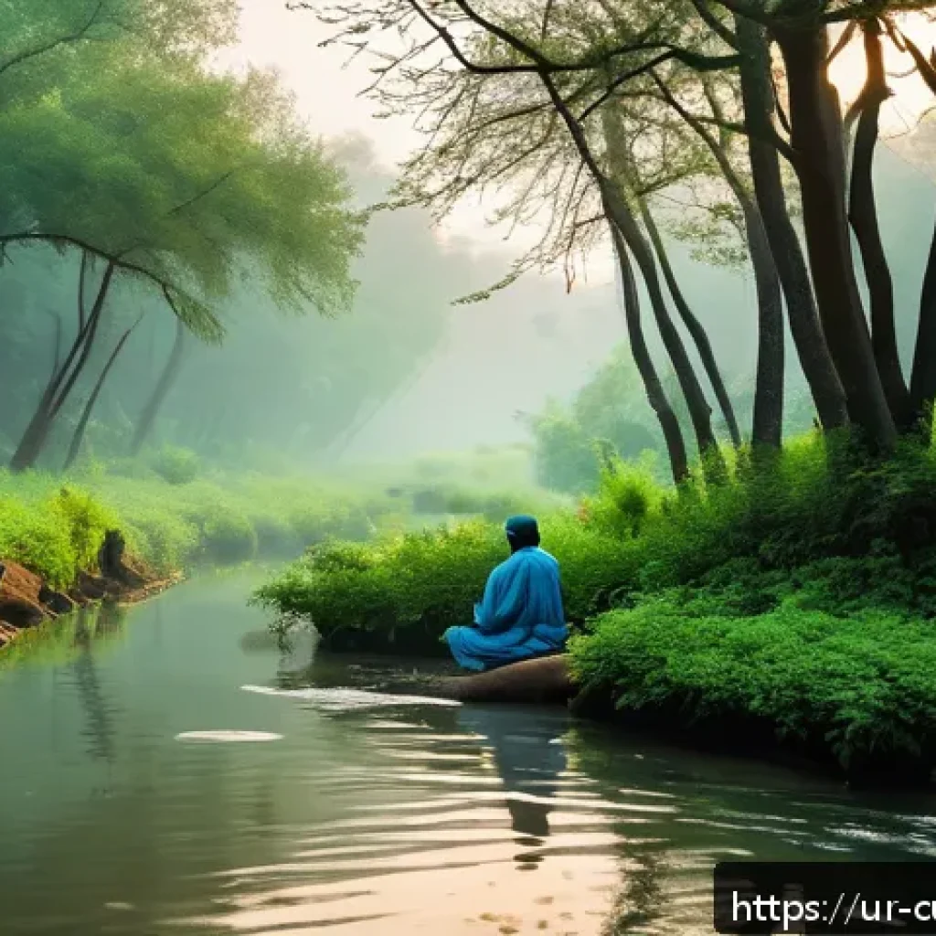 숲교육에서의 개인 개발 - A serene forest scene at dawn in Pakistan, featuring tall, lush green trees with morning mist gently...