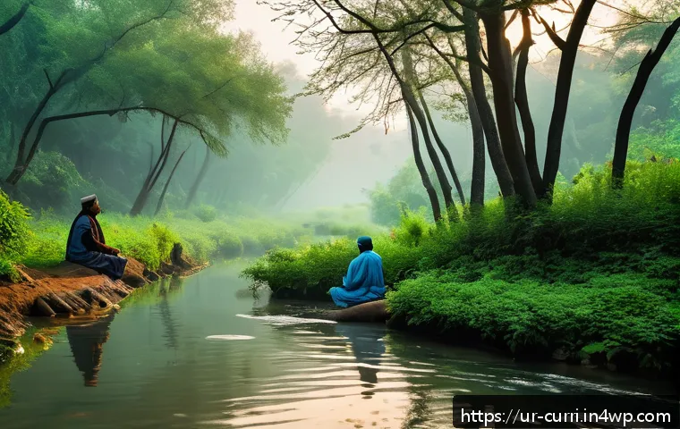 숲교육에서의 개인 개발 - A serene forest scene at dawn in Pakistan, featuring tall, lush green trees with morning mist gently...