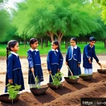 Home 19 숲교육과 사회적 연대 - A vibrant outdoor classroom scene in a lush forest near a rural Pakistani village, showing a diverse...