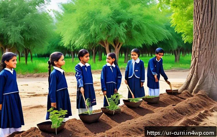 숲교육과 사회적 연대 - A vibrant outdoor classroom scene in a lush forest near a rural Pakistani village, showing a diverse...