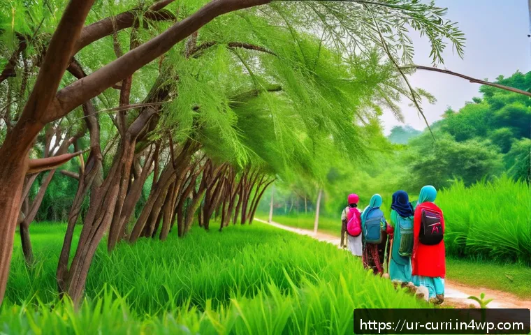 숲교육 커리큘럼의 이점 - A group of diverse Urdu-speaking children wearing modest, colorful casual clothes and light backpack...