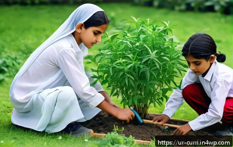 숲교육 커리큘럼 기획 시 유의사항 - A group of diverse Pakistani children, ages 7-10, wearing modest clothing and school uniforms, engag...